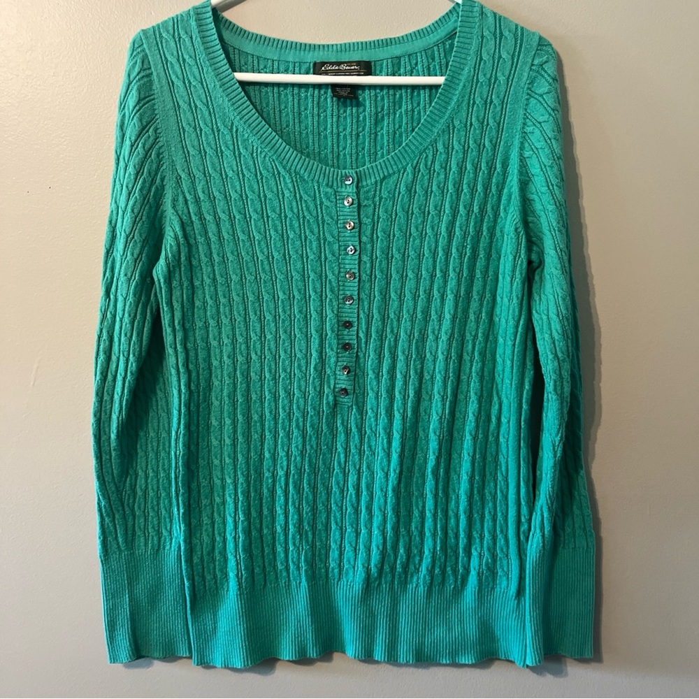 Women’s Eddie Bauer Large Green Long Sleeve Cable Knit Sweater Cotton Blend